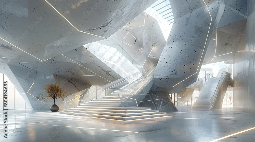 Poster the lobby for a mineral exhibition hall with a second-floor glass railing, void structure, and geome