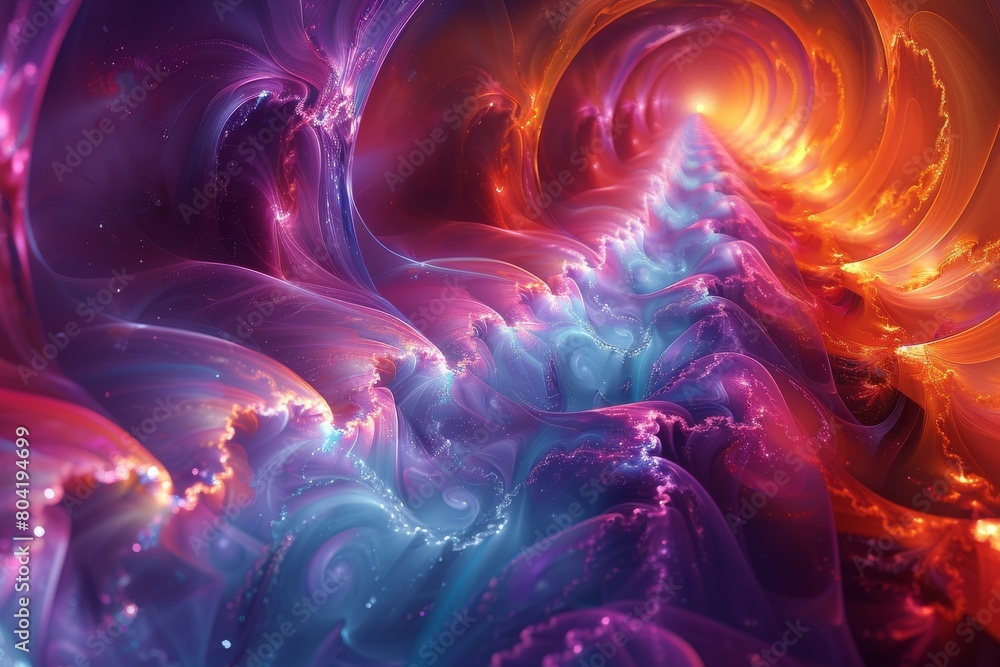 Poster an eye-catching piece of digital fluid art with a tunnel-like structure that draws the viewer in wit