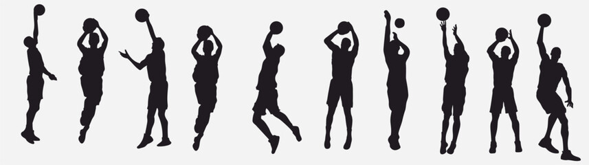 Basketball player. Collection of different basketball players in various pose.  Set of basketball players throwing ball isolated on white background 