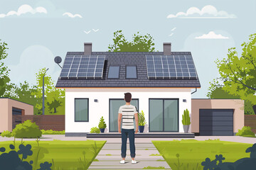 A man seen from behind standing in front of of a new house with solar panels on the roof