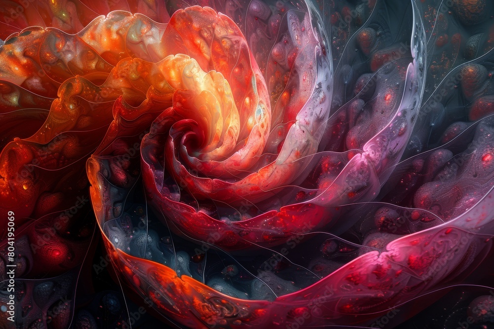 Poster this dazzling image captures a fractal flower blooming with vibrant shades of red and orange, creati