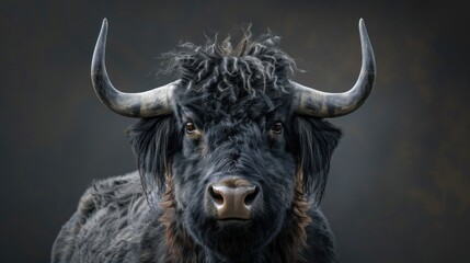 Naklejka premium A close-up portrait of a majestic black yak with a striking appearance - AI Generated Digital Art