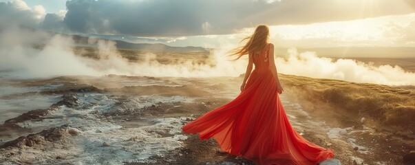 art portrait of woman in red dress on geothermic highlands - Powered by Adobe