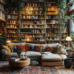 Bookshelves in the library. Large bookcase with lots of books. Sofa in the room for reading books. Library or shop with bookcases. Cozy book background. Made with generative ai
