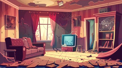 This is an old dirty living room with a broken TV and furniture. Cluttered abandoned house interior with a tattered sofa, chairs, shelf, ripped curtains, cracks in the floor, trash and spiderwebs,