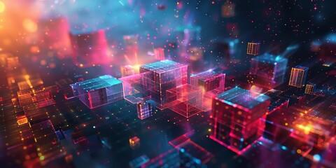 abstract illustration of geometric shapes and structures in colorful neon colors and lights in cyberspace against dark background