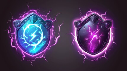 An astounding set of real-life defense energy shields png isolated on transparent background. A modern illustration of purple neon glowing hemispheres with lightning strike effects. A magical