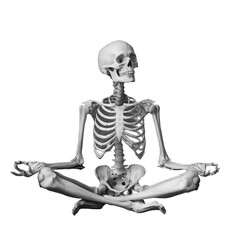 A human skeleton in a seated meditative pose, positioned with its legs crossed and hands resting on its knees, resembling a yoga pose - AI Generated Digital Art