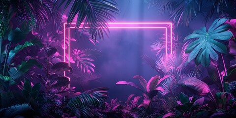 Tropical Plants Illuminated with Green and Purple Fluorescent Light. Exotic Environment with Square shaped Neon Frame.