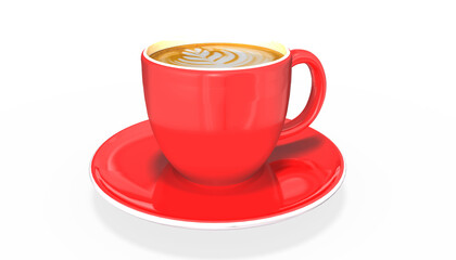 3d Rot, weiße Tasse mit Untertasse, Teller  auf transparenten Hintergrund, freigestellt