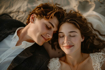 Beautiful wedding photo of the bride and groom lying peacefully on the beach field together close-up