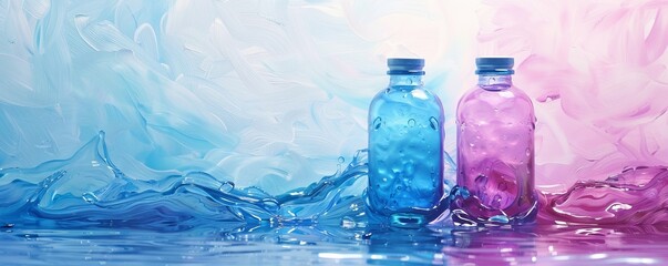 bottles with blue pastel and purple pastel on water