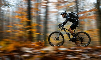 Naklejka premium A mountain bike racer is a blur as he speeds through the woods during a 100-mile mountain bike race in the North Georgia Mountains.