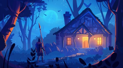This modern cartoon illustration shows a dangerous man with a spear approaching a house in a dark forest in medieval apparel. He has a weapon in hand, and he walks to a cozy building. A concept of