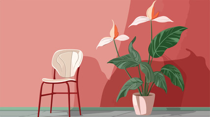 Beautiful Anthurium flower on chair near color wall