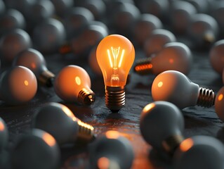 Glowing Light Bulb Shining Brightly Among Unlit Bulbs Symbolizing Leadership and Innovation