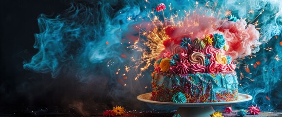 Firework-inspired cake with colorful icing bursts , professional photography and light