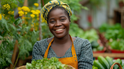 Woman, farming and vegetables in greenhouse for agriculture, supply chain or business with green product in basket. Happy African farmer or supplier with gardening for NGO, nonprofit or food security.