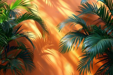 Lush green palm leaves with vivid orange light creating a sense of warmth, perfect for nature-themed designs