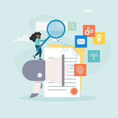 Internet marketing, SEO tools concept. Businesswoman with megaphone and media icons working on search engine optimization. Vector illustration.
