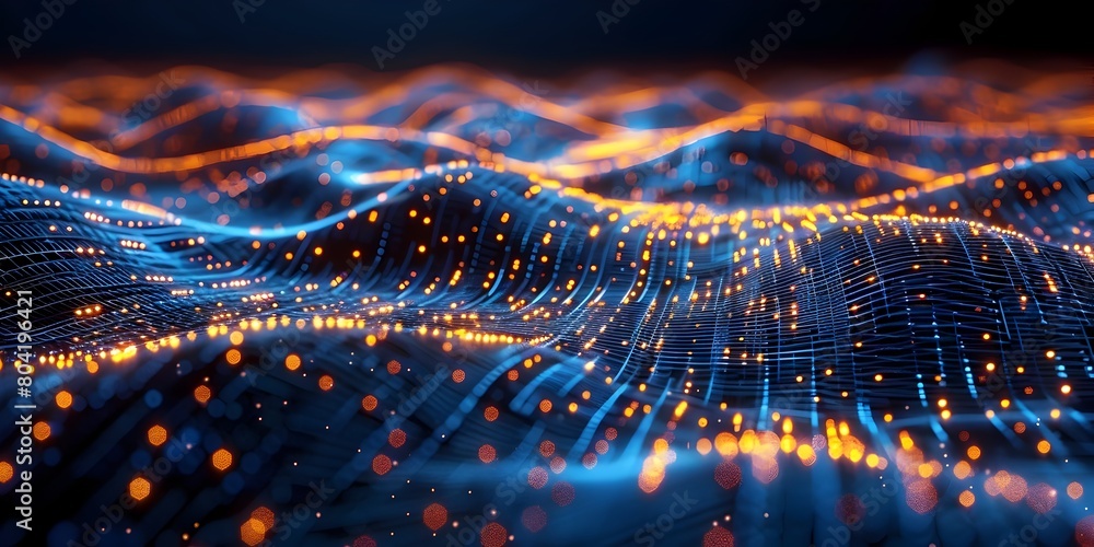 Poster glowing digital lightning network representing bitcoin s blockchain and financial capabilities