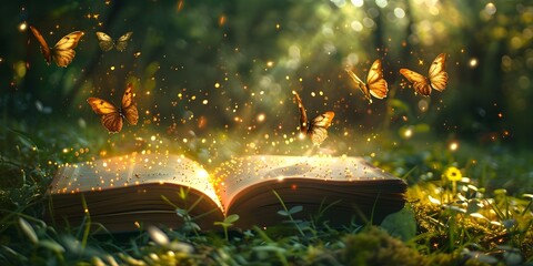 Open Book on a Grassy Meadow with Luminous Butterflies and Golden Sparkles in a Fairy Tale Scene