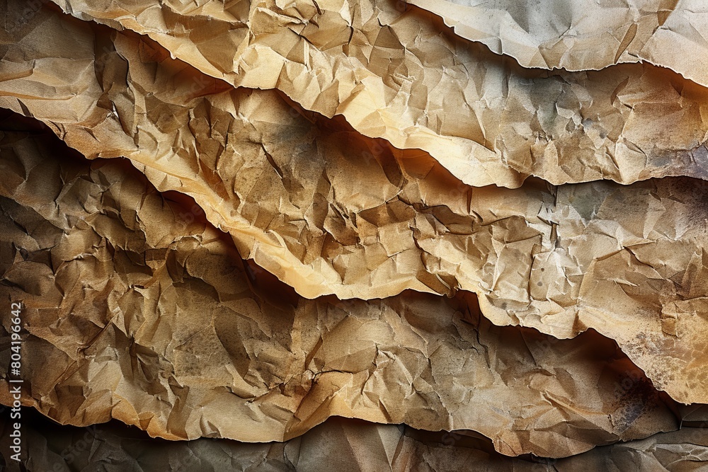 Poster detailed image showing the complexity and texture of crumpled brown paper with natural light enhanci