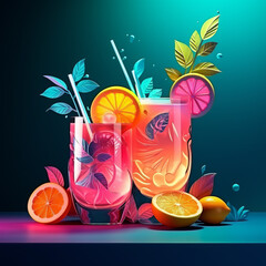 Vibrant Paper Art of Refreshing Citrus Cocktails on Gradient Backgrounds