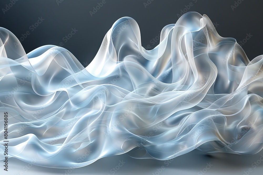 Poster this image showcases soft waves of blue and white silk, creating a tranquil and ethereal atmosphere 