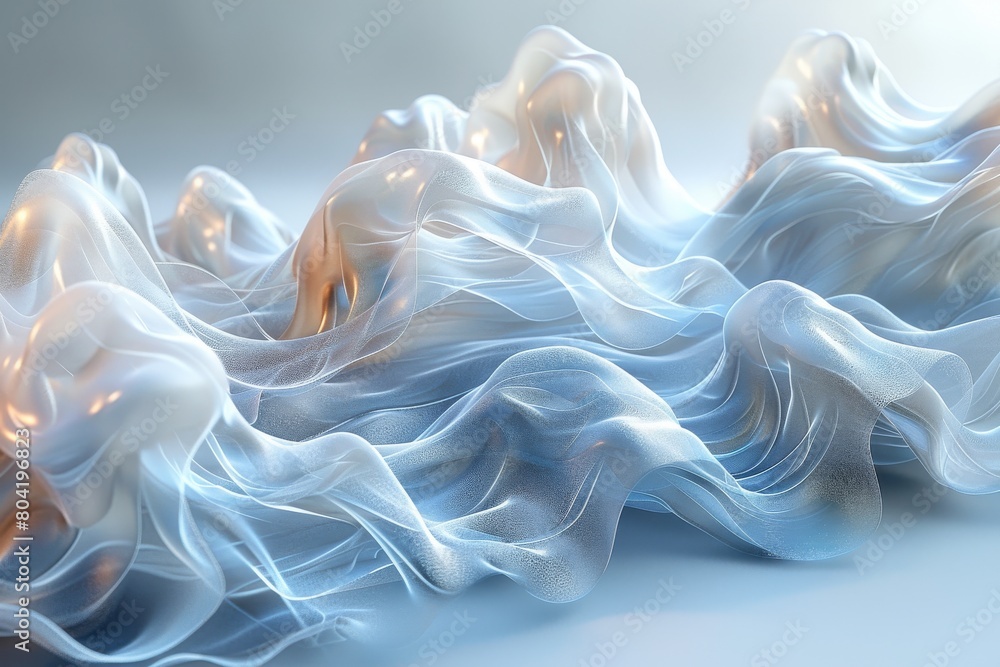 Poster an artistic rendering of gentle, flowing fabric waves in translucent textures creating a soft and ca