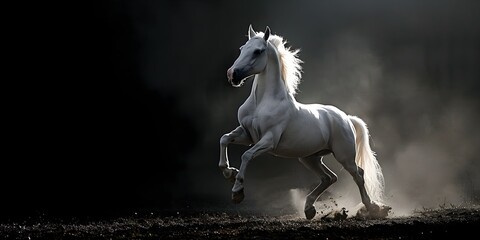 Magnificent Silhouette of Rearing Silver White Horse Against Dark Background with Dynamic Curves and Dramatic Lighting