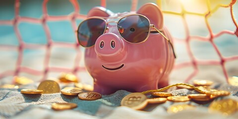 Playful Piggy Bank with Sunglasses Next to Volleyball Net and Golden Coins Symbolizing Active Investment Returns