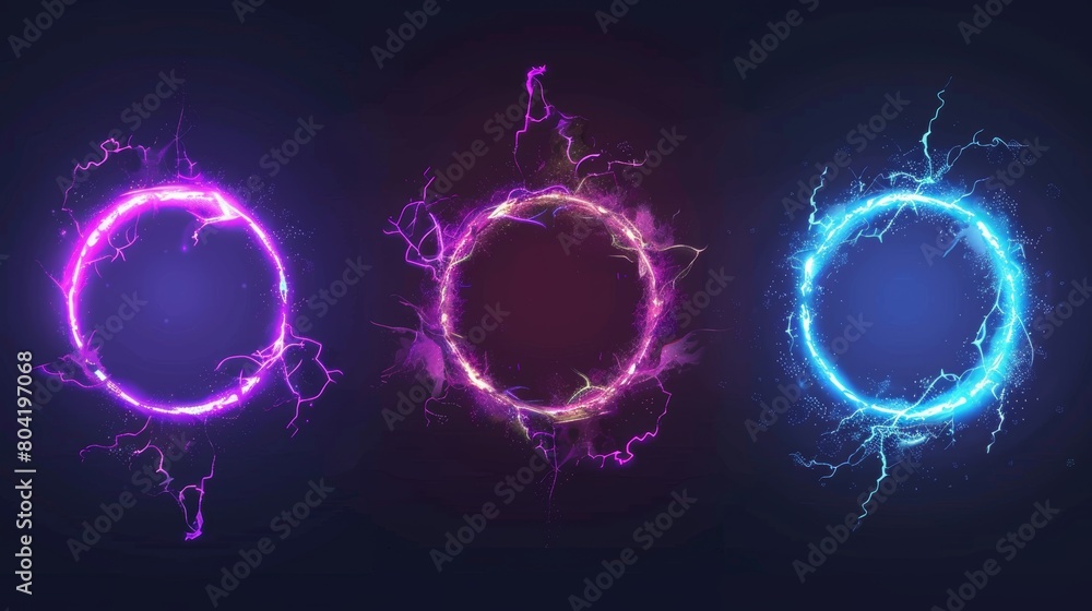 Poster ui circle border for profile avatar in game with lightning effect. modern set of neon thunderbolt fr