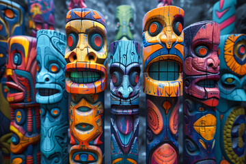Colorful Traditional Tiki Masks from Polynesian Culture - Stock Photo