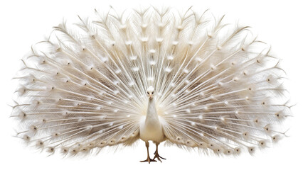 Beautiful white peacock spread his tail feathers. isolated on Transparent background.