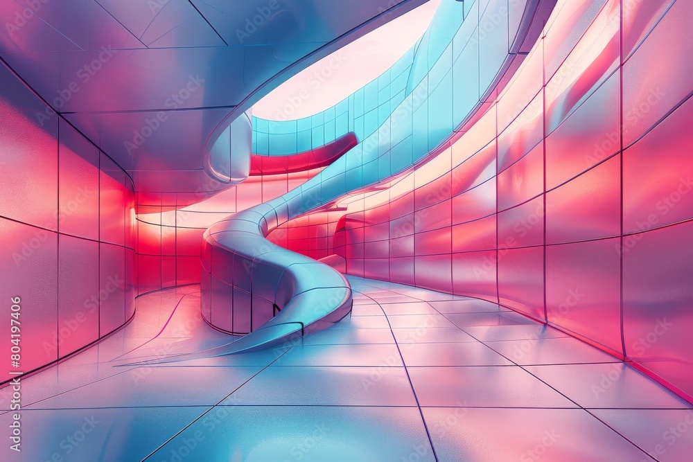 Poster captivating image of a modern abstract tunnel bathed in red and blue tones, with a swirling structur