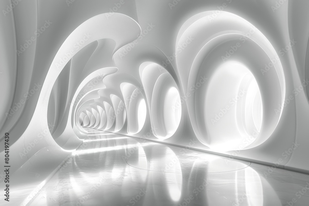 Poster an ethereal image of minimalistic design featuring smooth waves in a serene white tunnel setting