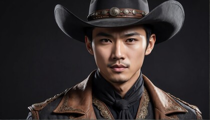 handsome asian male fashion model on cowboy outfit close-up portrait posing on plain black background from Generative AI