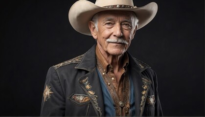 handsome elderly male fashion model on cowboy outfit close-up portrait posing on plain black background from Generative AI