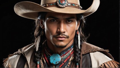 Fototapeta premium handsome indigenous male fashion model on cowboy outfit close-up portrait posing on plain black background from Generative AI