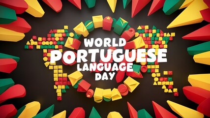 A world portuguese language day banner with colorful shapes.