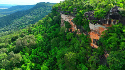 Pha Taem from a drone reveals ancient rock formations, illustrating geological time and erosion...