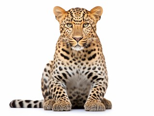 A beautiful portrait of a leopard, sitting and looking at the camera with a white background.