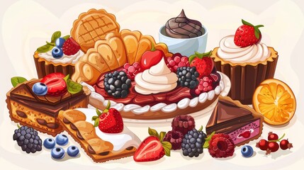 This modern illustration depicts sweet cookies, pastries, pies topped with cream, chocolate, fruit, and berries with a design of a classic bakery cafe poster or menu.