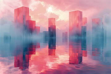 Abstract Futuristic Cityscape Reflection with Vibrant Sunset Sky for Backgrounds and Wallpapers