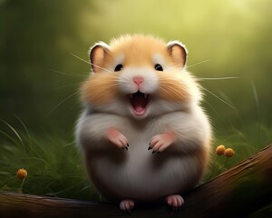 A cute hamster with a big smile on its face is sitting on a tree branch. The hamster is surrounded by green grass and yellow flowers.