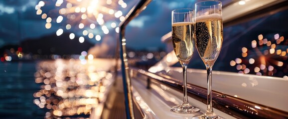 Fireworks viewing cruise aboard a luxury yacht, champagne in hand , professional photography and light