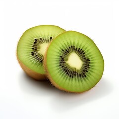 A halved kiwi fruit with a white background.