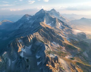 Drone view of a majestic mountain range, inaccessible peaks brought close through aerial photography