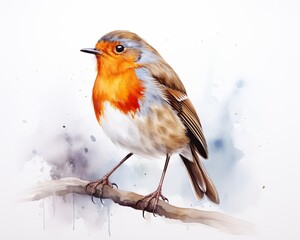 A watercolor painting of a robin sitting on a branch.